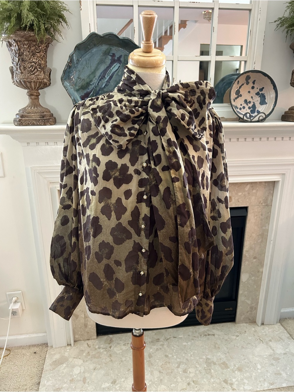 Free Market Oversized Leopard Print Tie Neck  Blouse